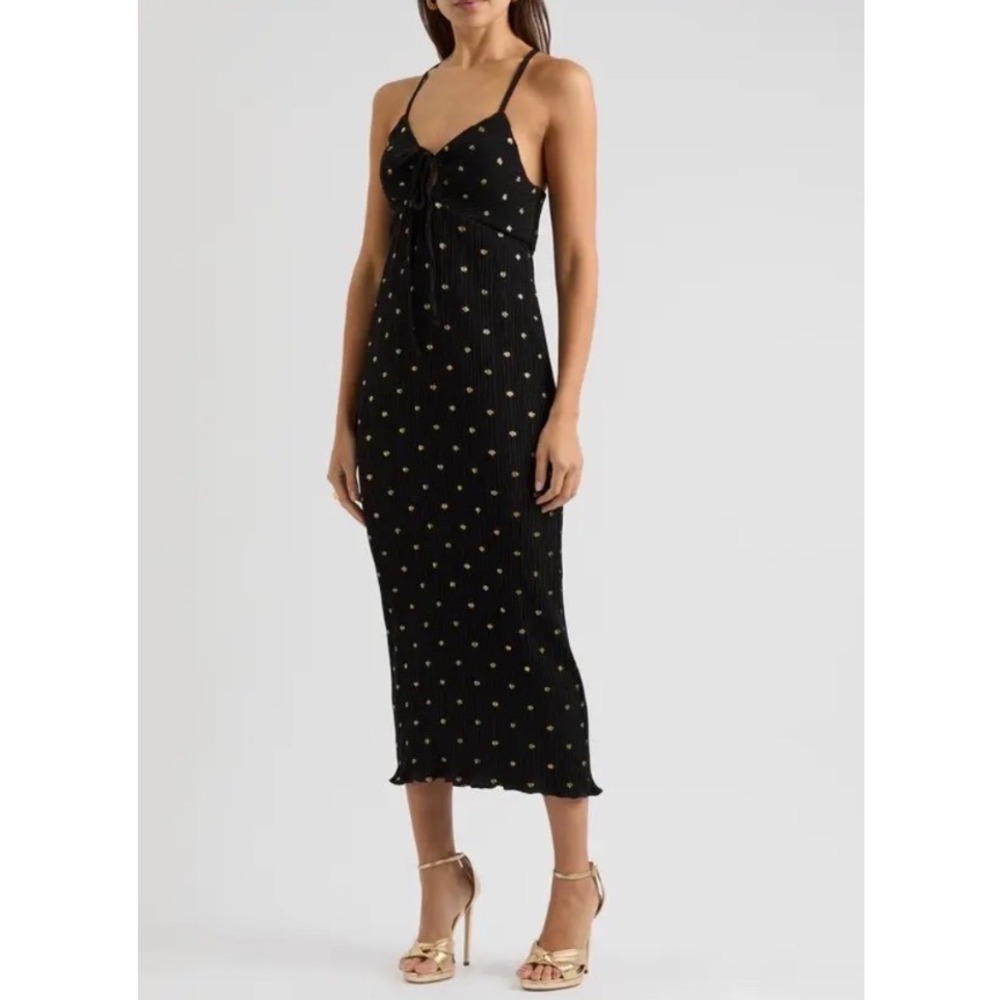 NEW Never Fully Dressed Megan Polka Dot Pliss Midi Dress Womens 10 Gold Black